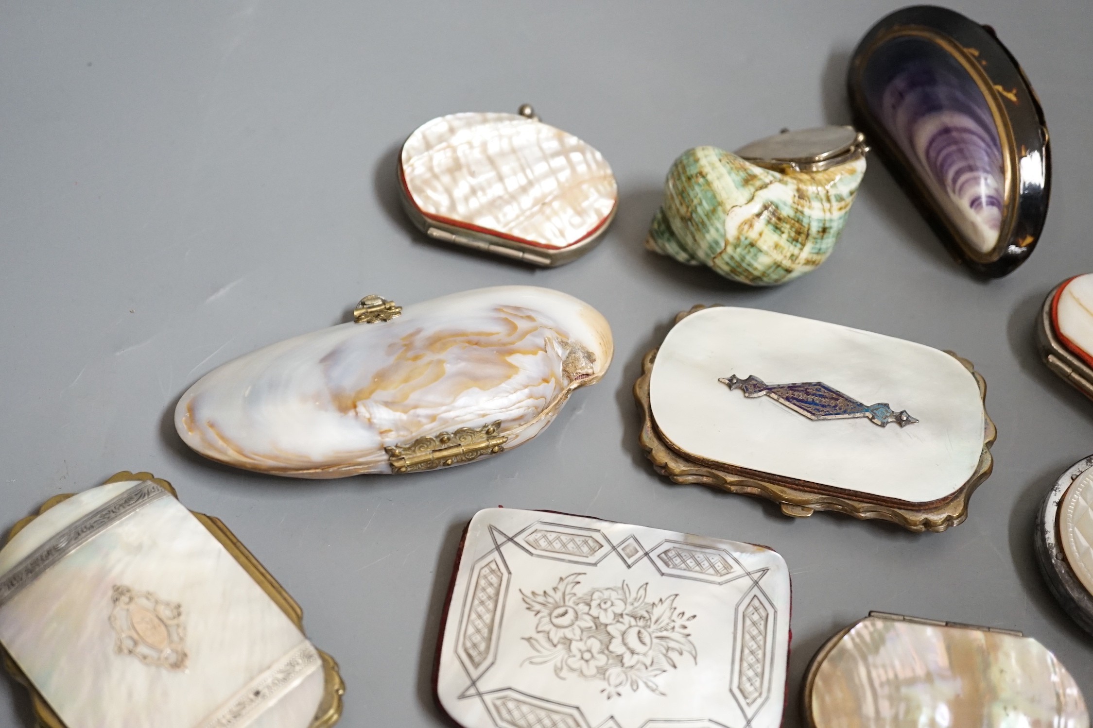 Twelve 19th century mother of pearl purses and containers